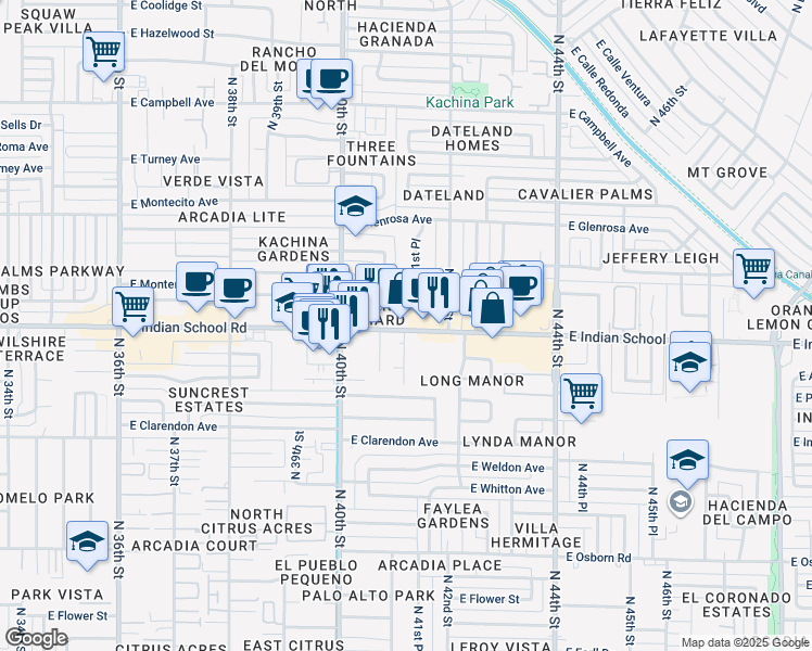 map of restaurants, bars, coffee shops, grocery stores, and more near 4112 East Indian School Road in Phoenix