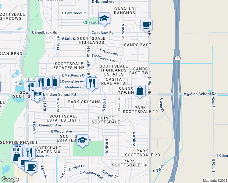 map of restaurants, bars, coffee shops, grocery stores, and more near 8550 East Indian School Road in Scottsdale
