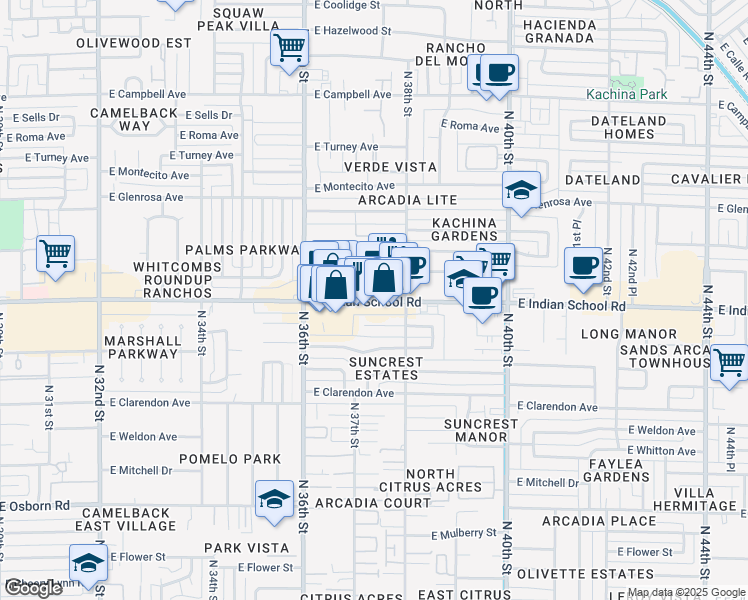 map of restaurants, bars, coffee shops, grocery stores, and more near 3743 East Indian School Road in Phoenix