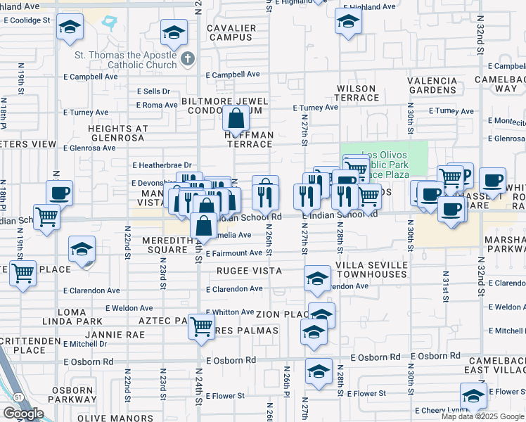 map of restaurants, bars, coffee shops, grocery stores, and more near in Phoenix