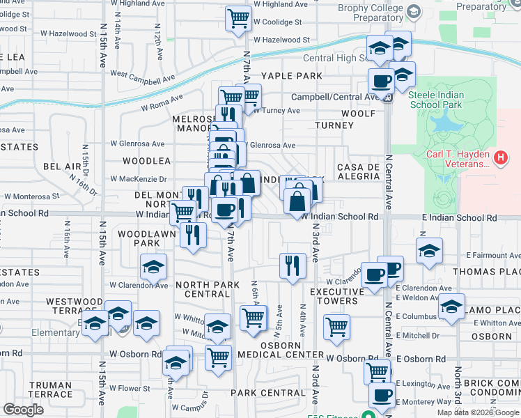 map of restaurants, bars, coffee shops, grocery stores, and more near 602 West Indian School Road in Phoenix