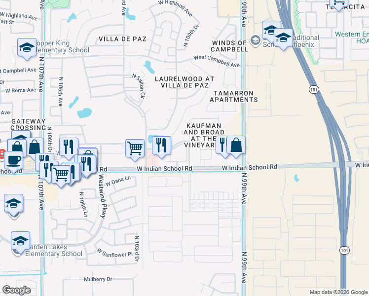 map of restaurants, bars, coffee shops, grocery stores, and more near 14 West Monterosa Street in Phoenix