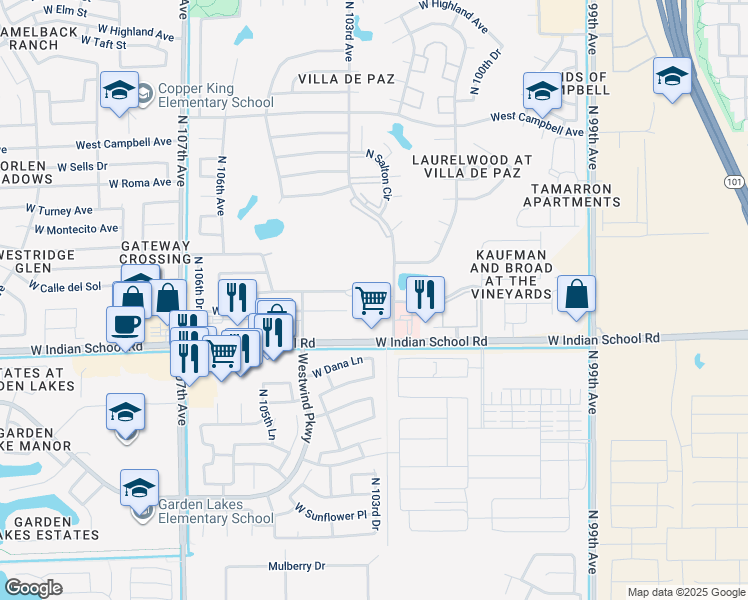 map of restaurants, bars, coffee shops, grocery stores, and more near 10341 West Monterosa Avenue in Phoenix
