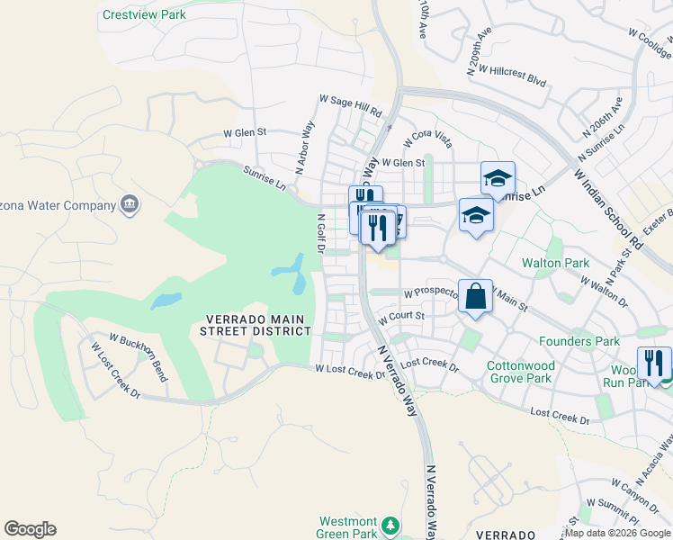 map of restaurants, bars, coffee shops, grocery stores, and more near 21166 West Green Street in Buckeye