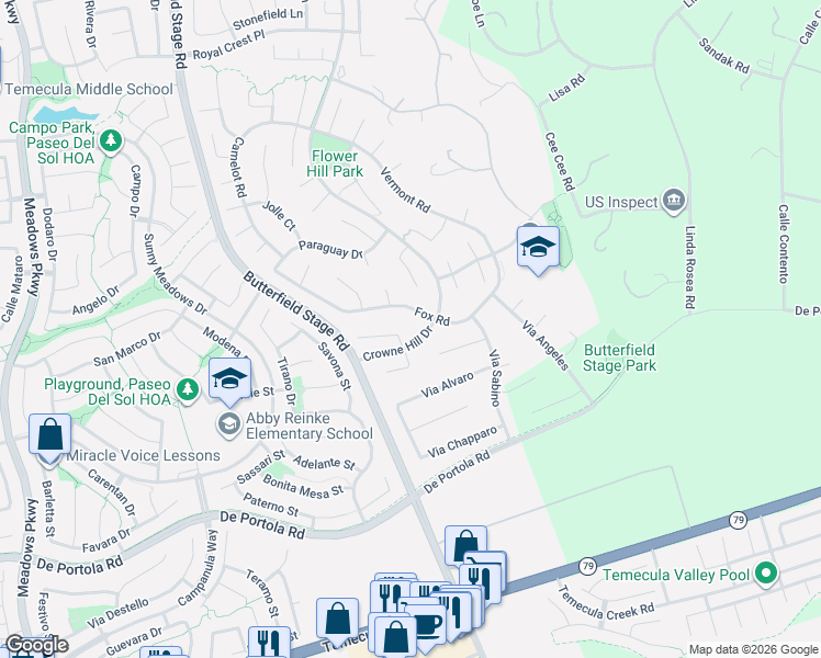 map of restaurants, bars, coffee shops, grocery stores, and more near 43168 Lancashire Common in Temecula