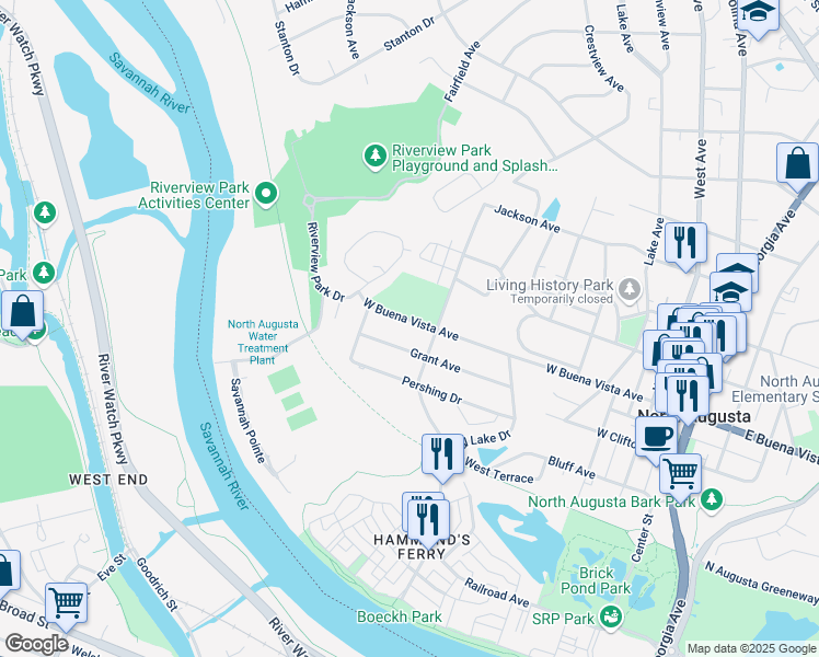 map of restaurants, bars, coffee shops, grocery stores, and more near 610 East Buena Vista Avenue in North Augusta