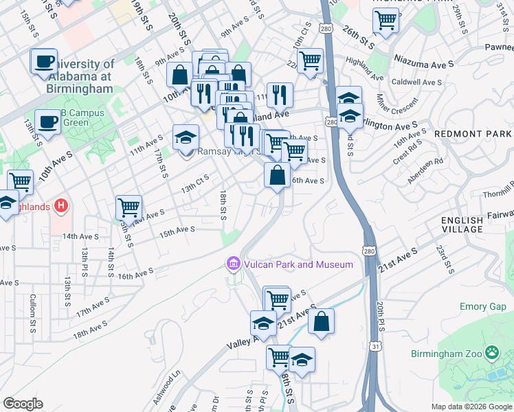 map of restaurants, bars, coffee shops, grocery stores, and more near 1908 16th Avenue South in Birmingham