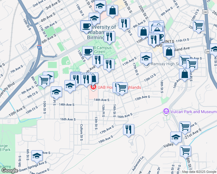 map of restaurants, bars, coffee shops, grocery stores, and more near 1143 14th Street South in Birmingham