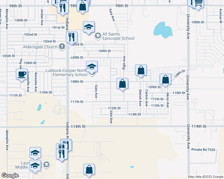 map of restaurants, bars, coffee shops, grocery stores, and more near 3019 109th Street in Lubbock