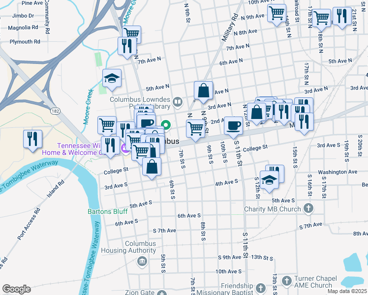 map of restaurants, bars, coffee shops, grocery stores, and more near 710 Main Street in Columbus