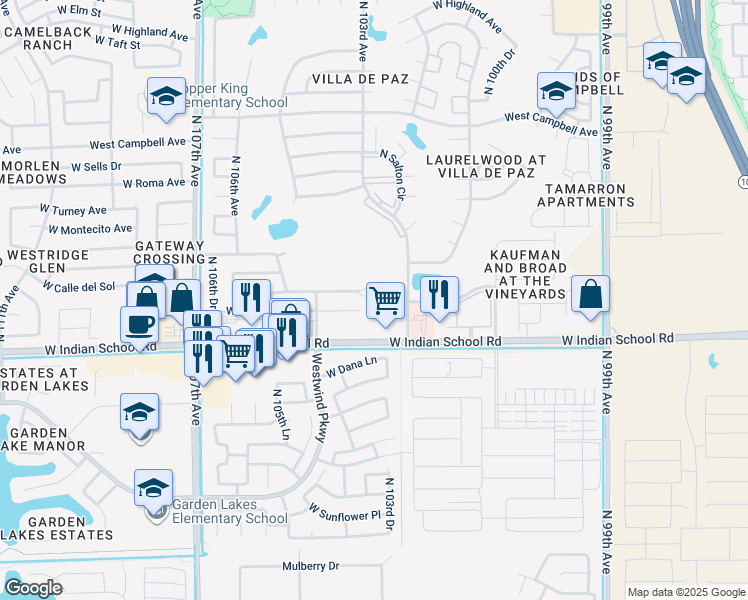map of restaurants, bars, coffee shops, grocery stores, and more near 10341 West Monterosa Avenue in Phoenix