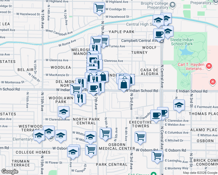 map of restaurants, bars, coffee shops, grocery stores, and more near 602 West Indian School Road in Phoenix