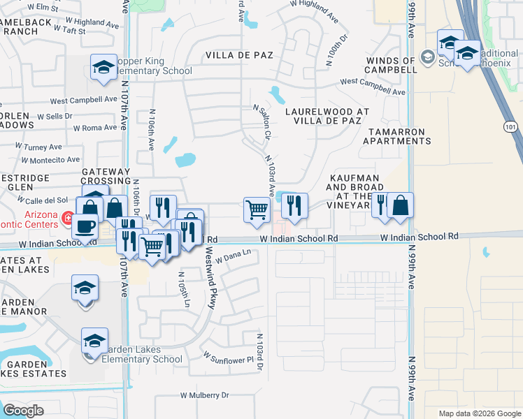 map of restaurants, bars, coffee shops, grocery stores, and more near 4850 North 103rd Avenue in Phoenix