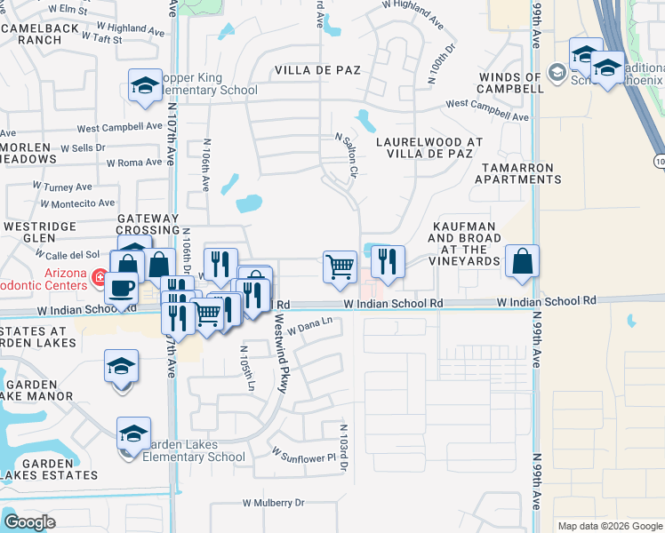 map of restaurants, bars, coffee shops, grocery stores, and more near 10341 West Monterosa Avenue in Phoenix