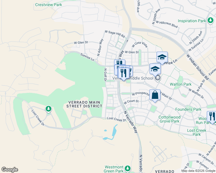 map of restaurants, bars, coffee shops, grocery stores, and more near 21166 West Green Street in Buckeye