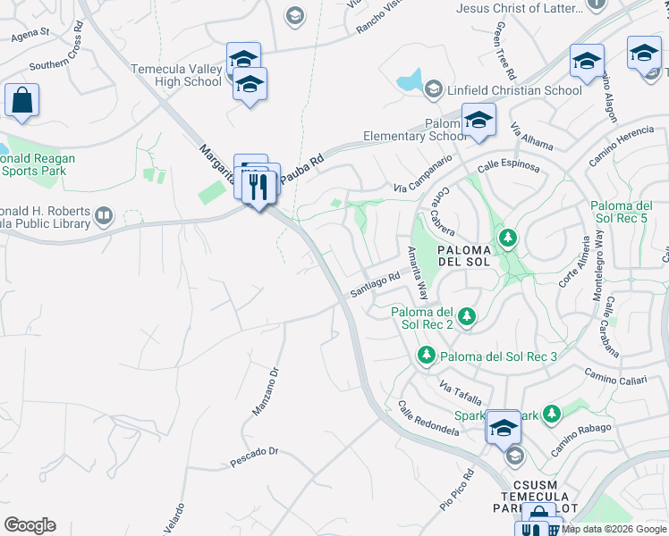 map of restaurants, bars, coffee shops, grocery stores, and more near 43225 Corte Montilla in Temecula