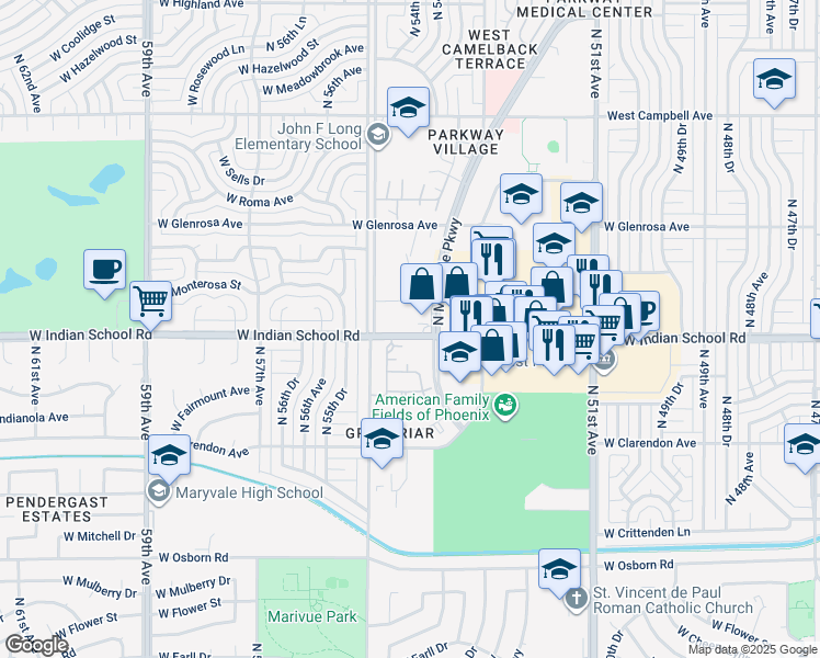 map of restaurants, bars, coffee shops, grocery stores, and more near 5428 West Indian School Road in Phoenix