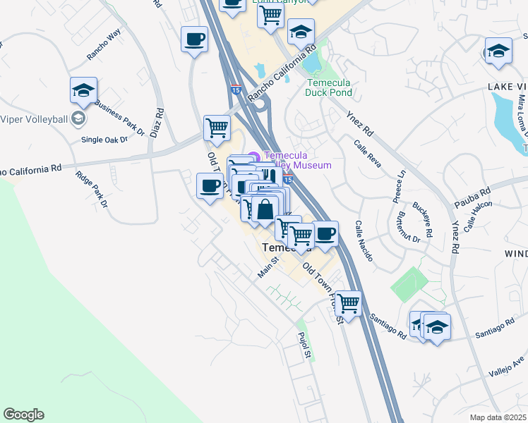 map of restaurants, bars, coffee shops, grocery stores, and more near 41955 5th Street in Temecula