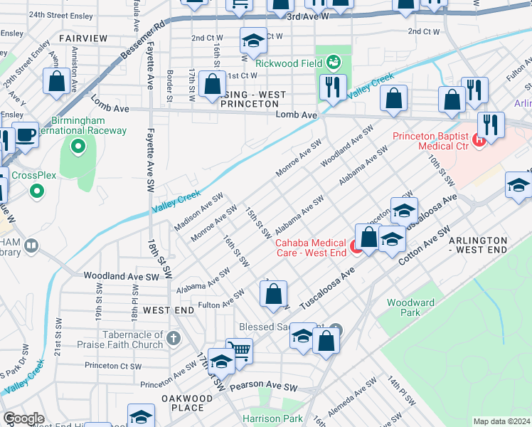 map of restaurants, bars, coffee shops, grocery stores, and more near 1433 Woodland Avenue Southwest in Birmingham