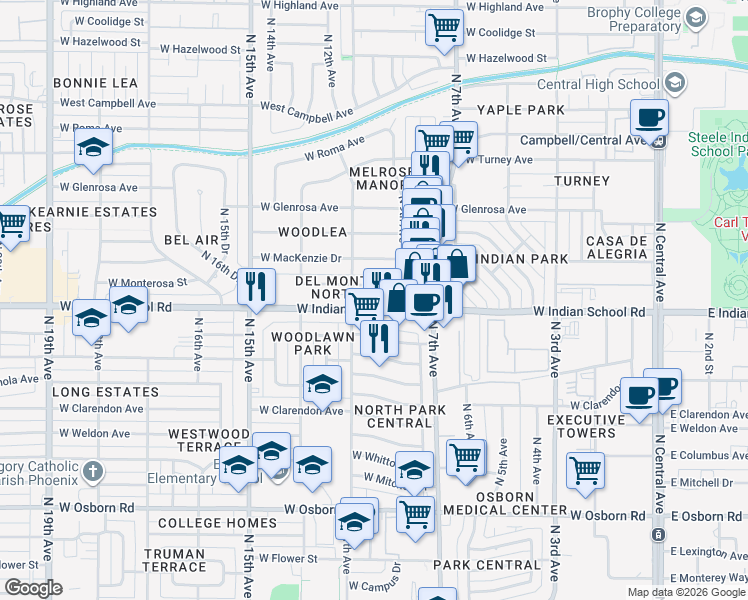 map of restaurants, bars, coffee shops, grocery stores, and more near 930 West Indian School Road in Phoenix