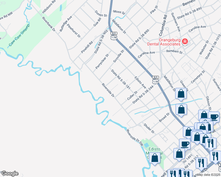 map of restaurants, bars, coffee shops, grocery stores, and more near 960 Riverside Drive in Orangeburg