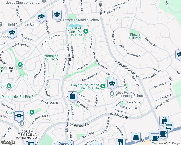 map of restaurants, bars, coffee shops, grocery stores, and more near 43273 Modena Drive in Temecula