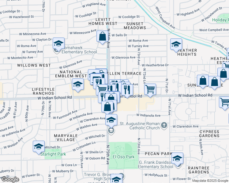 map of restaurants, bars, coffee shops, grocery stores, and more near 7434 West Indian School Road in Phoenix