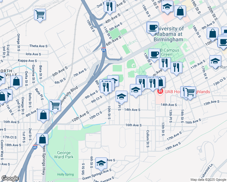 map of restaurants, bars, coffee shops, grocery stores, and more near 1000 10th Avenue South in Birmingham