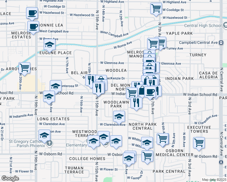 map of restaurants, bars, coffee shops, grocery stores, and more near 1142 West Indian School Road in Phoenix