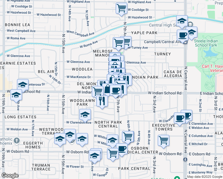 map of restaurants, bars, coffee shops, grocery stores, and more near 850 West Indian School Road in Phoenix