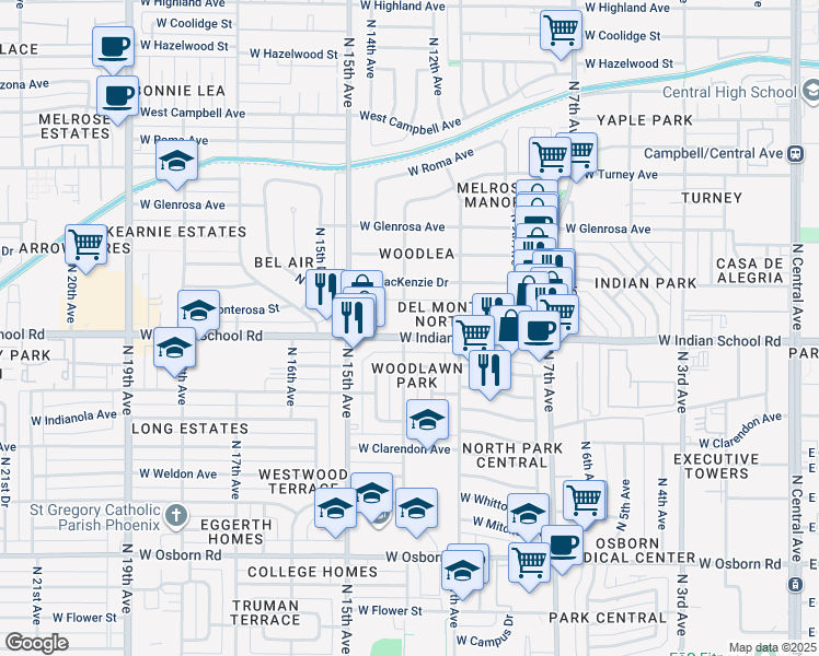 map of restaurants, bars, coffee shops, grocery stores, and more near 1142 West Indian School Road in Phoenix