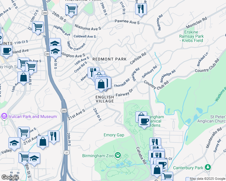 map of restaurants, bars, coffee shops, grocery stores, and more near 2829 Thornhill Road in Mountain Brook
