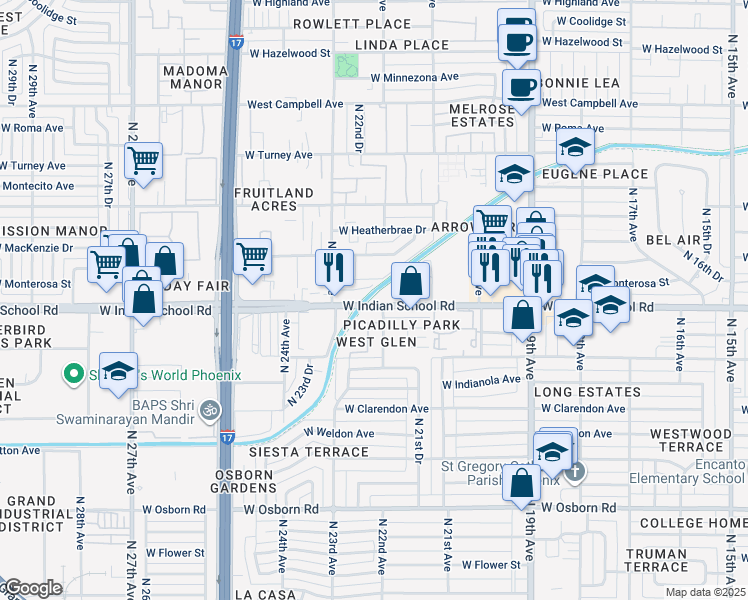 map of restaurants, bars, coffee shops, grocery stores, and more near 2225 West Indian School Road in Phoenix