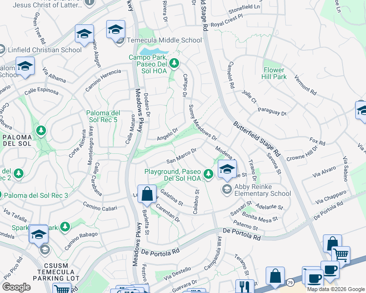 map of restaurants, bars, coffee shops, grocery stores, and more near 43273 Modena Drive in Temecula