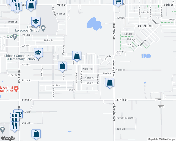 map of restaurants, bars, coffee shops, grocery stores, and more near 2711 109th Street in Lubbock