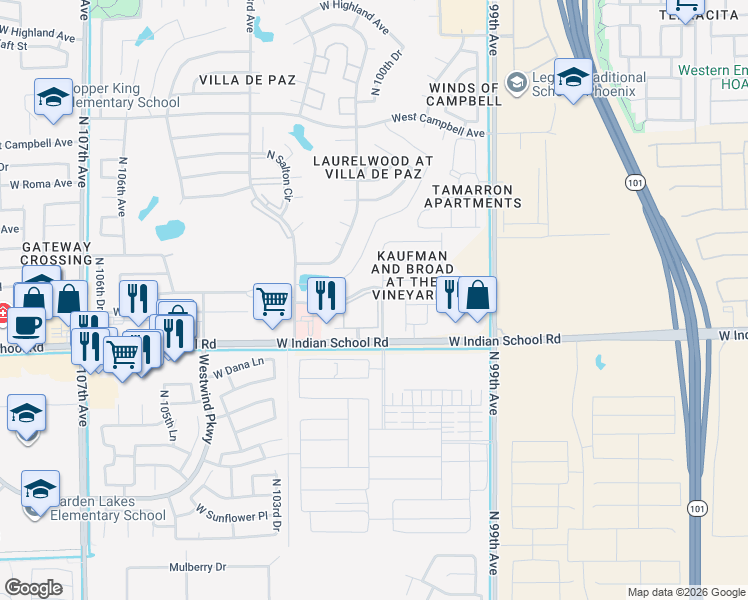 map of restaurants, bars, coffee shops, grocery stores, and more near 14 West Monterosa Street in Phoenix