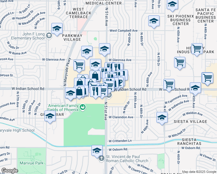map of restaurants, bars, coffee shops, grocery stores, and more near 5060 West Indian School Road in Phoenix