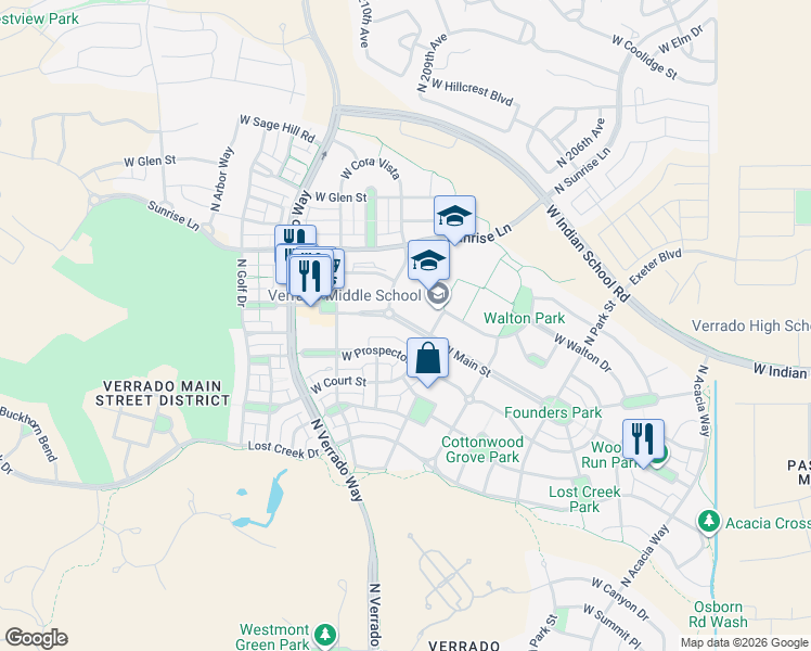 map of restaurants, bars, coffee shops, grocery stores, and more near West Main Street in Buckeye