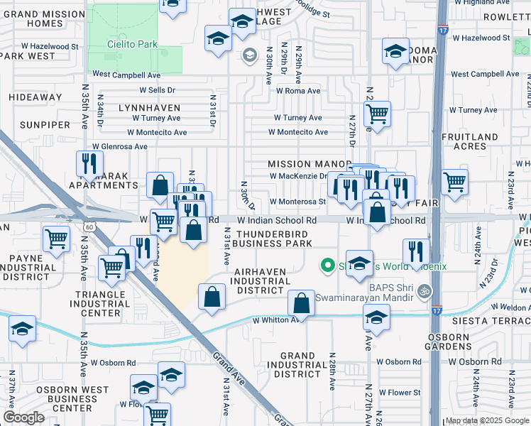 map of restaurants, bars, coffee shops, grocery stores, and more near 4102 North 30th Avenue in Phoenix