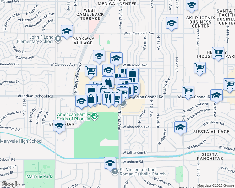 map of restaurants, bars, coffee shops, grocery stores, and more near 5102 West Indian School Road in Phoenix