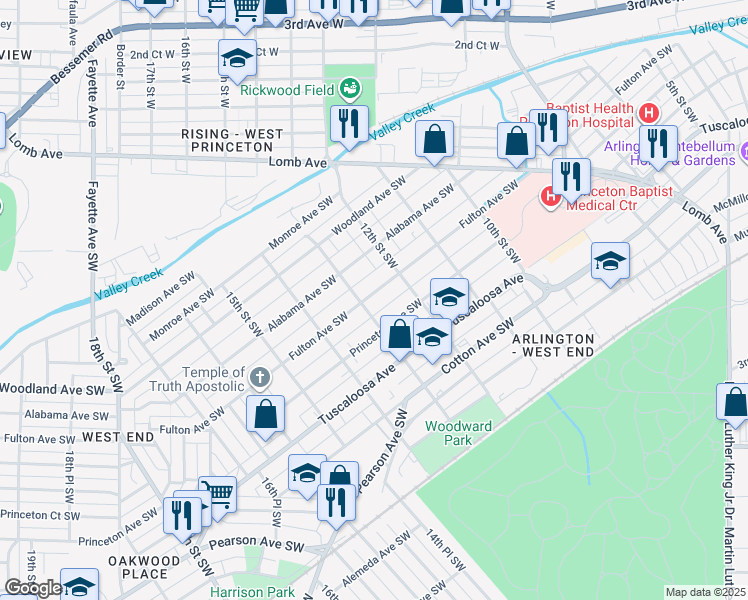 map of restaurants, bars, coffee shops, grocery stores, and more near 515 13th Street Southwest in Birmingham