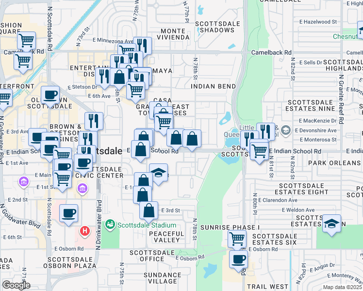 map of restaurants, bars, coffee shops, grocery stores, and more near 7700 East Indian School Road in Scottsdale