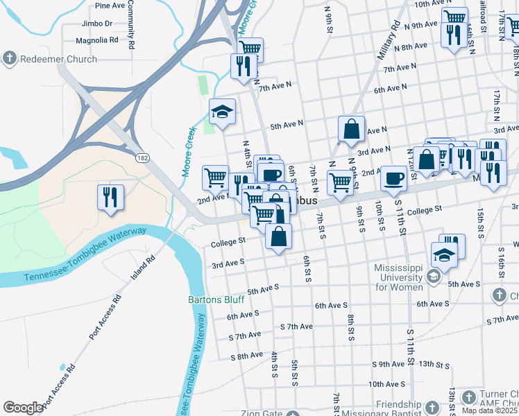 map of restaurants, bars, coffee shops, grocery stores, and more near 109 4th Street South in Columbus