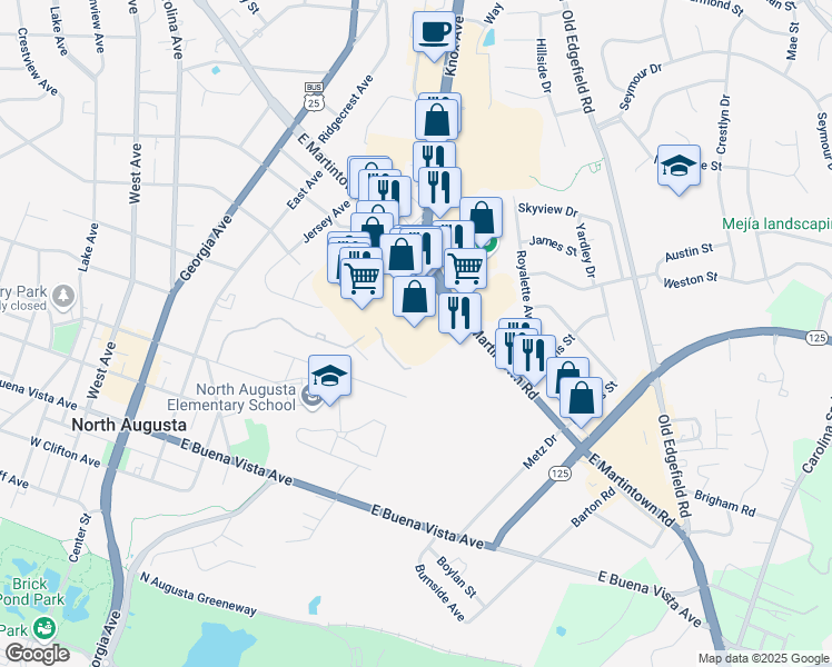 map of restaurants, bars, coffee shops, grocery stores, and more near 404 East Martintown Road in North Augusta