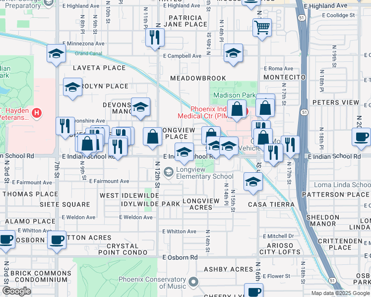 map of restaurants, bars, coffee shops, grocery stores, and more near 4112 North Longview Avenue in Phoenix
