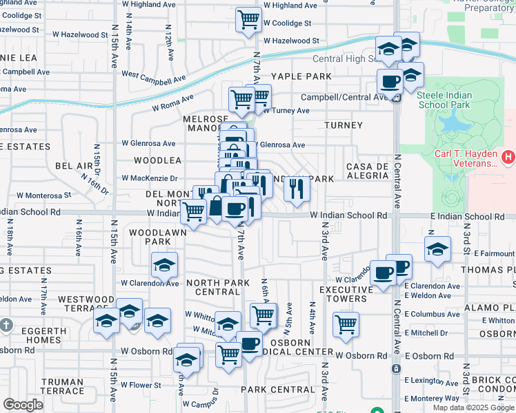 map of restaurants, bars, coffee shops, grocery stores, and more near in Phoenix