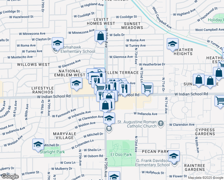 map of restaurants, bars, coffee shops, grocery stores, and more near 7434 West Indian School Road in Phoenix