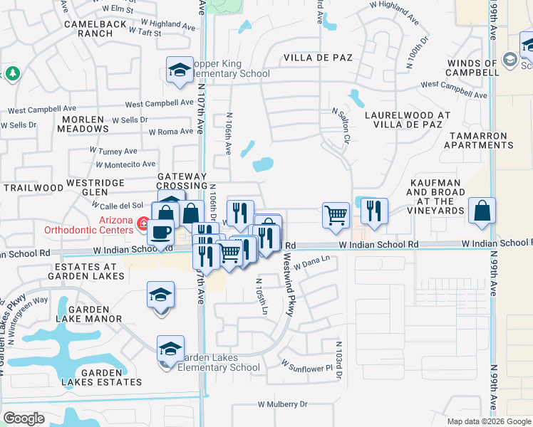 map of restaurants, bars, coffee shops, grocery stores, and more near 10458 West Monterosa Street in Phoenix