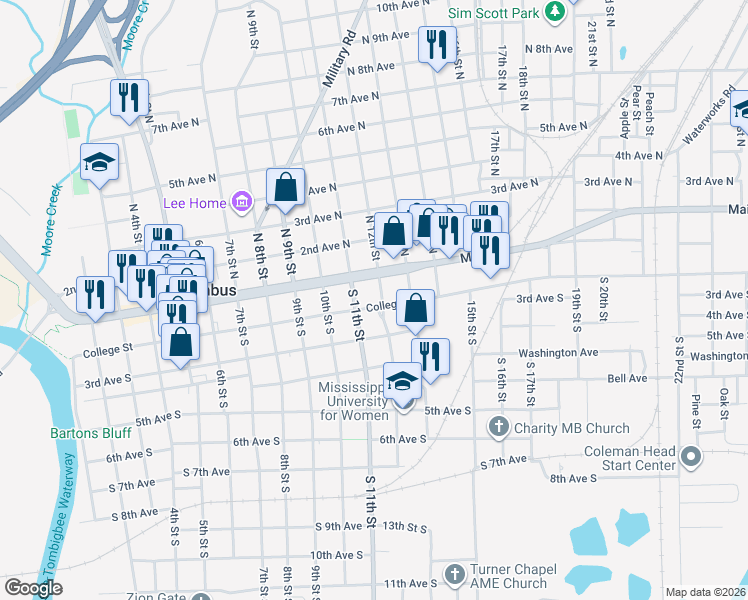 map of restaurants, bars, coffee shops, grocery stores, and more near 1103 College Street in Columbus