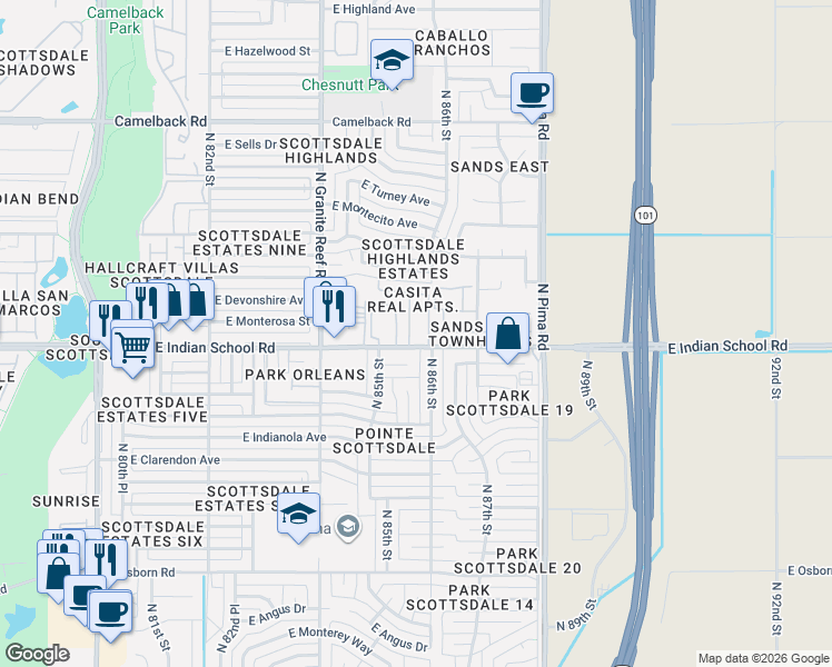 map of restaurants, bars, coffee shops, grocery stores, and more near 8550 East Indian School Road in Scottsdale